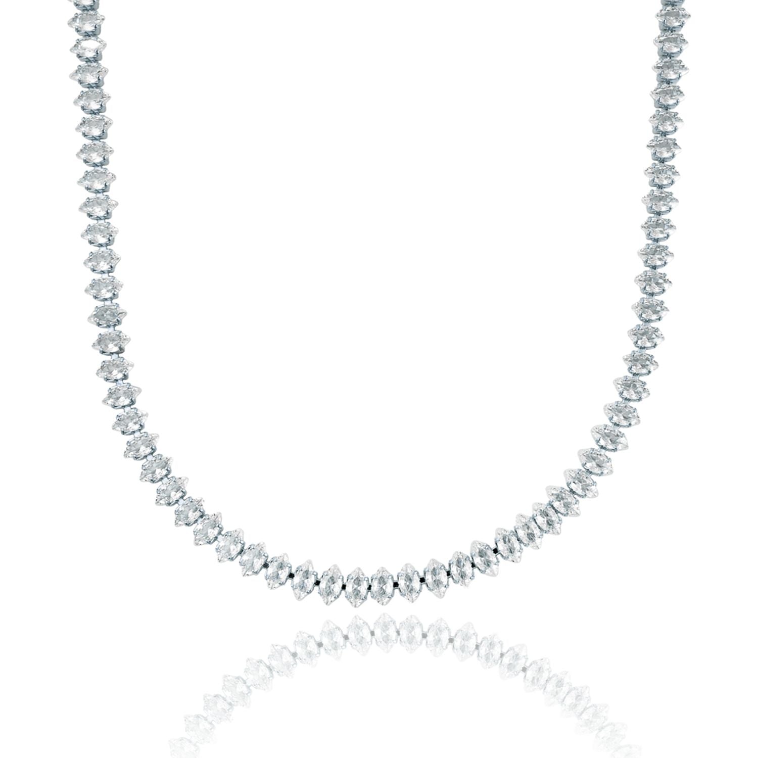 A sparkling diamond tennis necklace featuring marquise-cut stones sparkles against a clean white background.