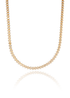 A gold tennis necklace featuring sparkling marquise-cut diamonds rests against a clean white background, reflecting softly below.