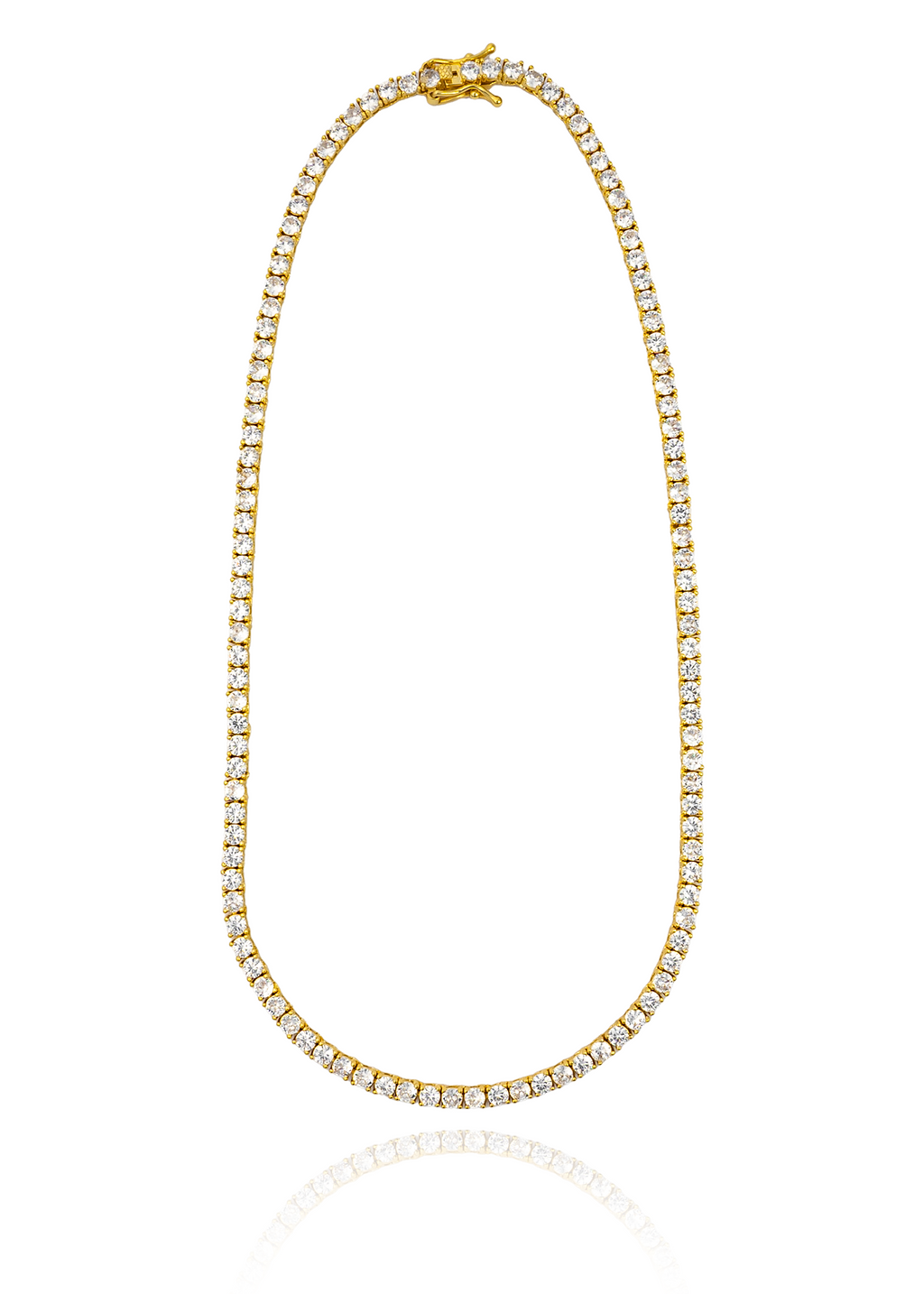 A gleaming gold tennis necklace encrusted with sparkling cubic zirconia stones is displayed vertically on a clean white background.