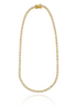 A gleaming gold tennis necklace encrusted with sparkling cubic zirconia stones is displayed vertically on a clean white background.
