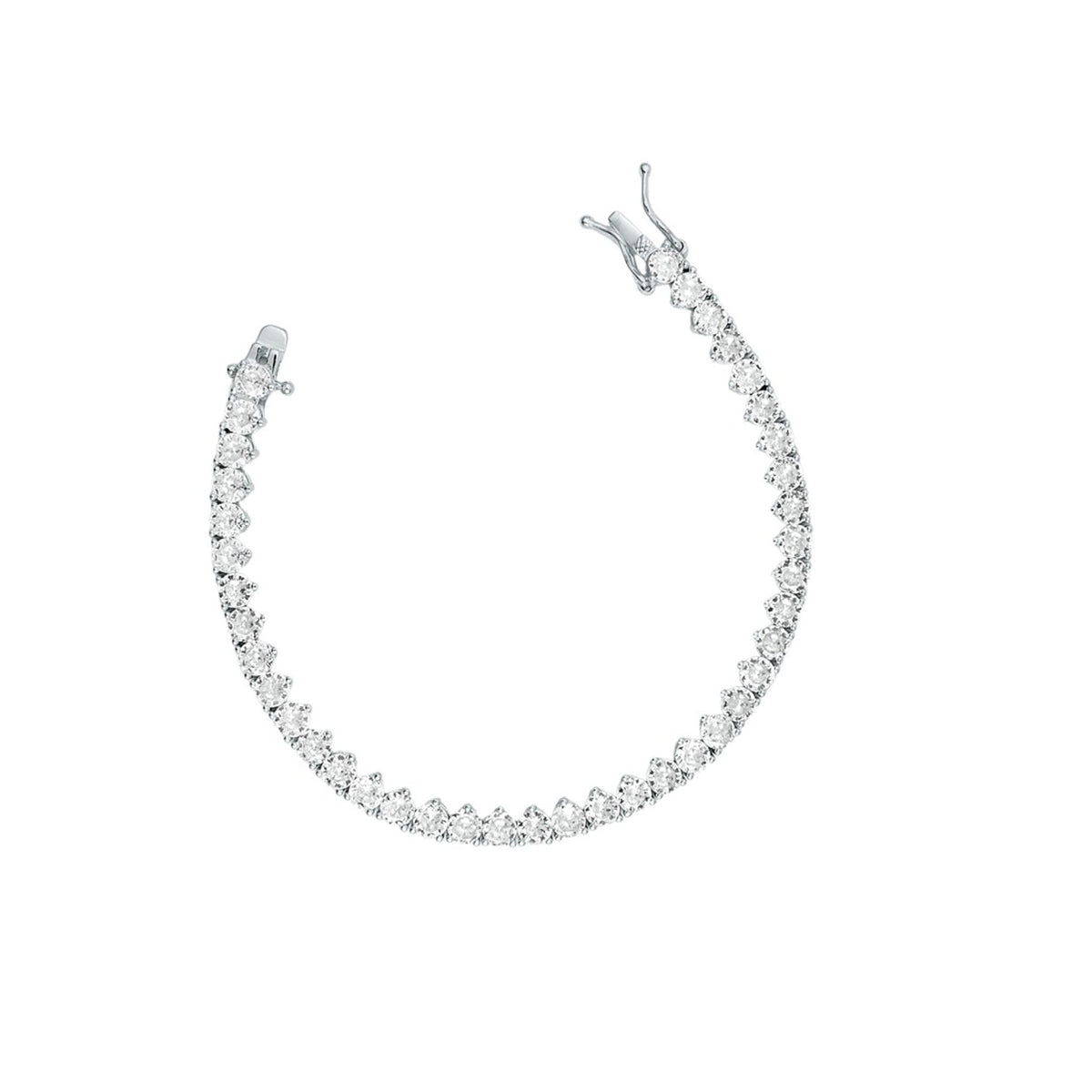 A sparkling diamond tennis bracelet curves against a clean white background, showcasing its continuous line of brilliant-cut gemstones and secure clasp.