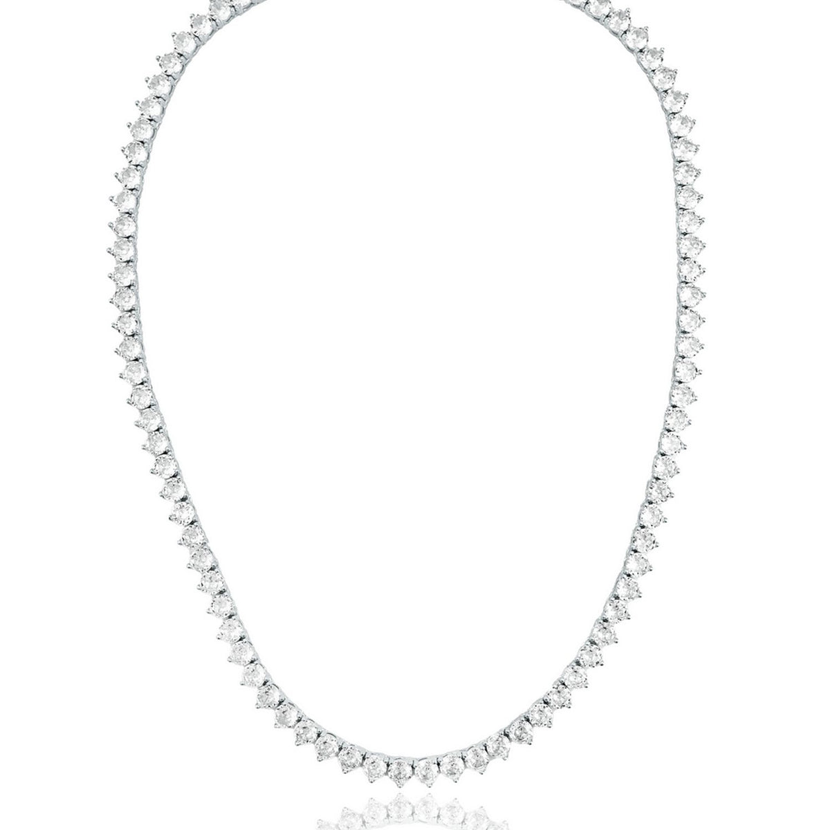 A sparkling diamond tennis necklace rests in a circular display against a clean white background.