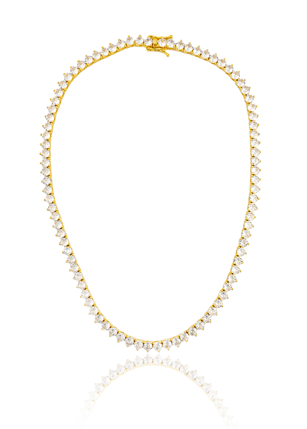 A gleaming gold tennis necklace encrusted with sparkling cubic zirconia stones is displayed against a clean white background.
