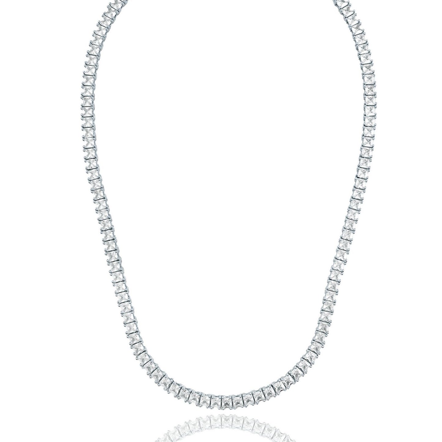 A glittering diamond tennis necklace featuring square-cut stones sparkles against a clean white background.