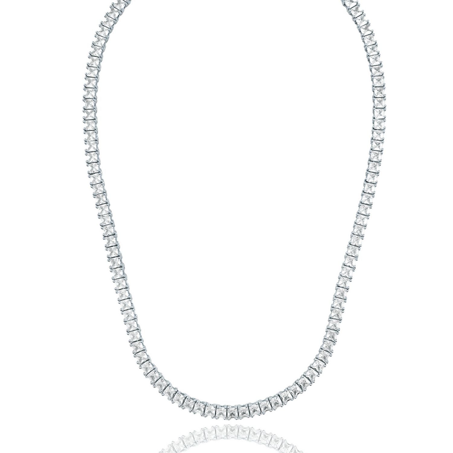 A glittering diamond tennis necklace featuring square-cut stones sparkles against a clean white background.