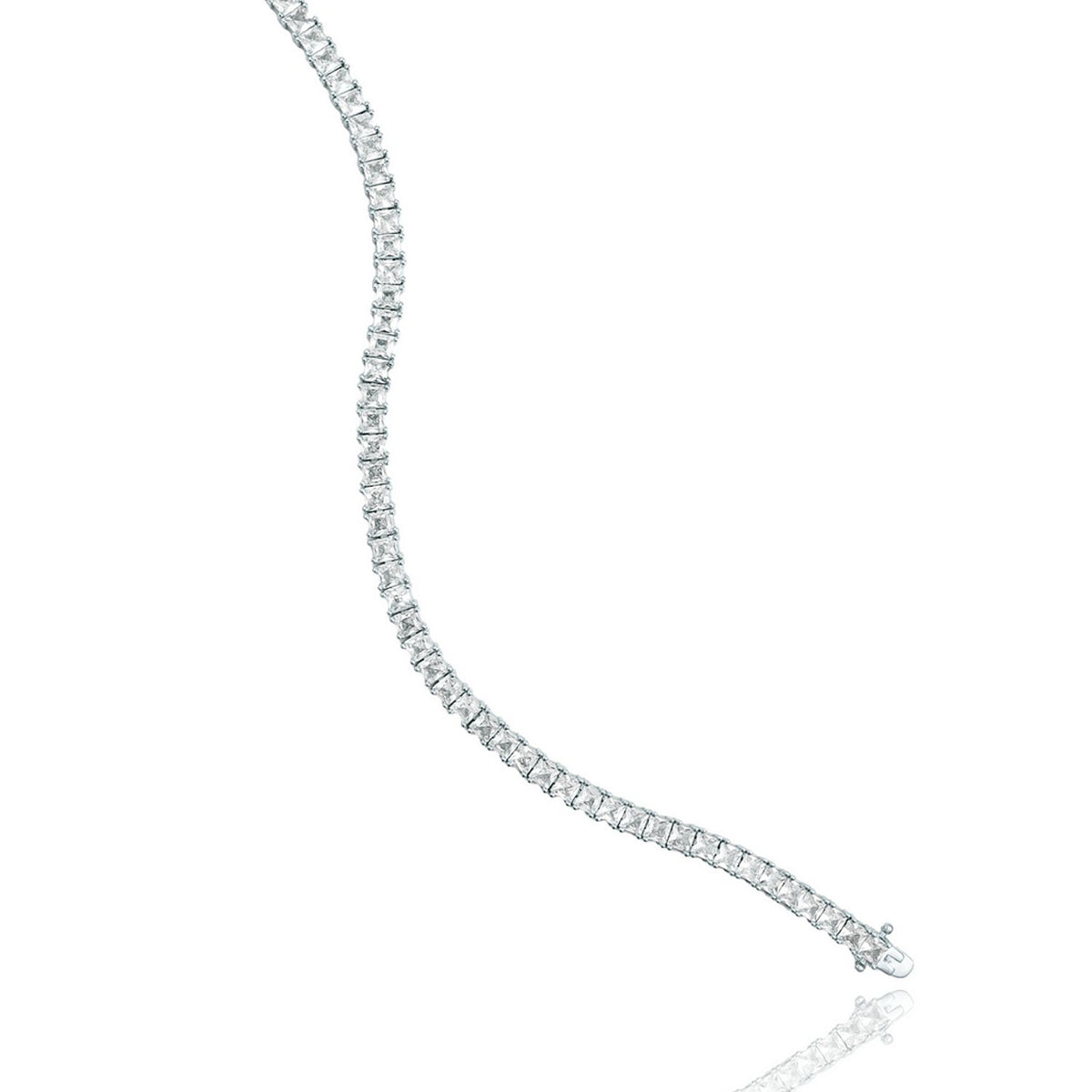 A sparkling diamond tennis bracelet curves elegantly against a clean white background.