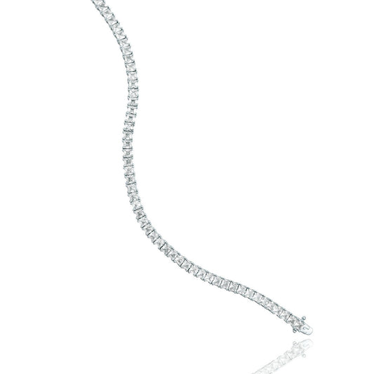 A sparkling diamond tennis bracelet curves elegantly against a clean white background.
