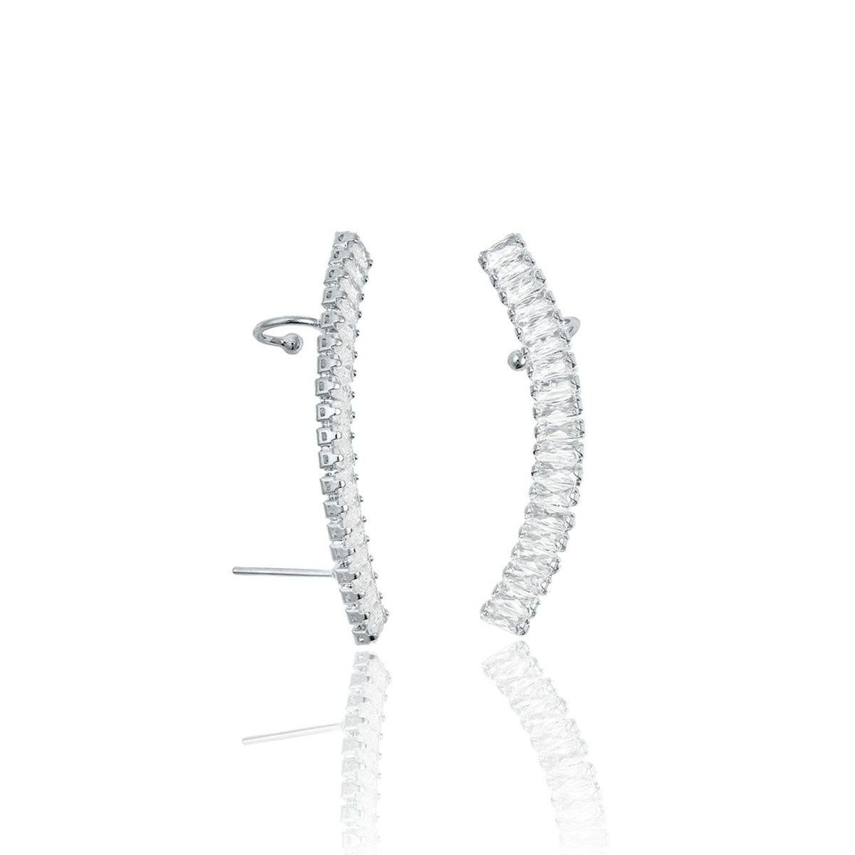 Two silver baguette-cut cubic zirconia ear crawler earrings display dazzling sparkle against a clean white background.