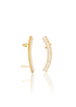 A pair of elegant gold ear cuffs features a curved row of sparkling baguette-cut white crystals against a clean white background.