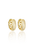 A pair of gold huggie hoop earrings encrusted with sparkling cubic zirconia stones features intricate heart cutouts along the side.
