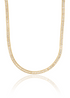 A gold tennis necklace featuring sparkling baguette-cut cubic zirconia stones drapes in a U-shape against a clean white background.