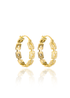 A pair of gold geometric hoop earrings embellished with sparkling cubic zirconia stones stands against a clean white background.