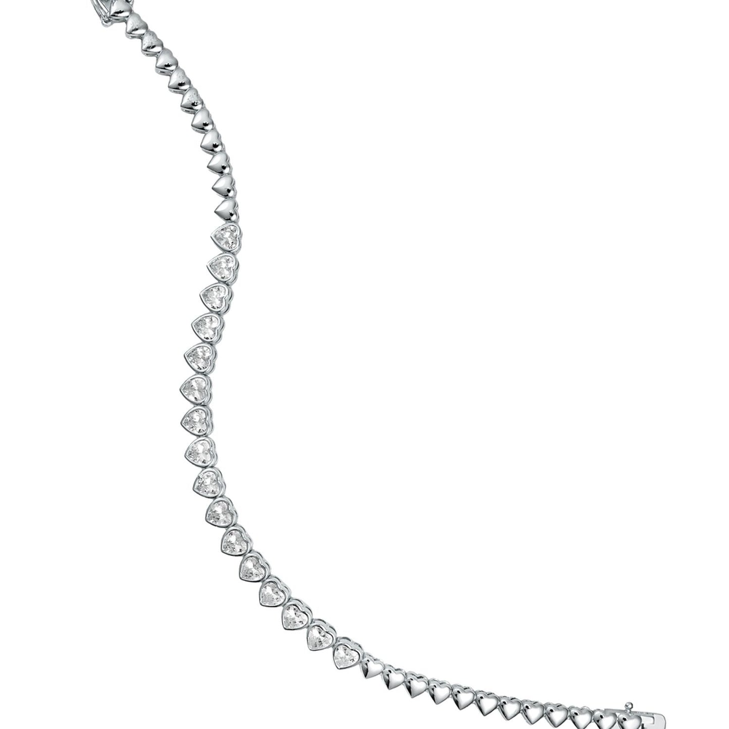 A delicate silver heart tennis bracelet curves gracefully against a clean white background, showcasing shimmering crystal-set heart links.