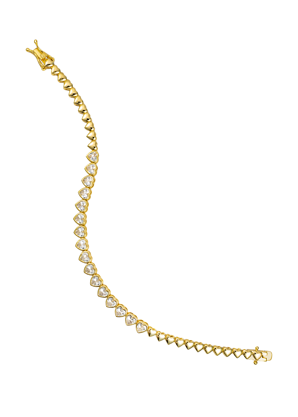 A gold tennis bracelet curves gracefully, featuring alternating solid gold hearts and sparkling cubic zirconia heart-shaped stones against a clean white background.