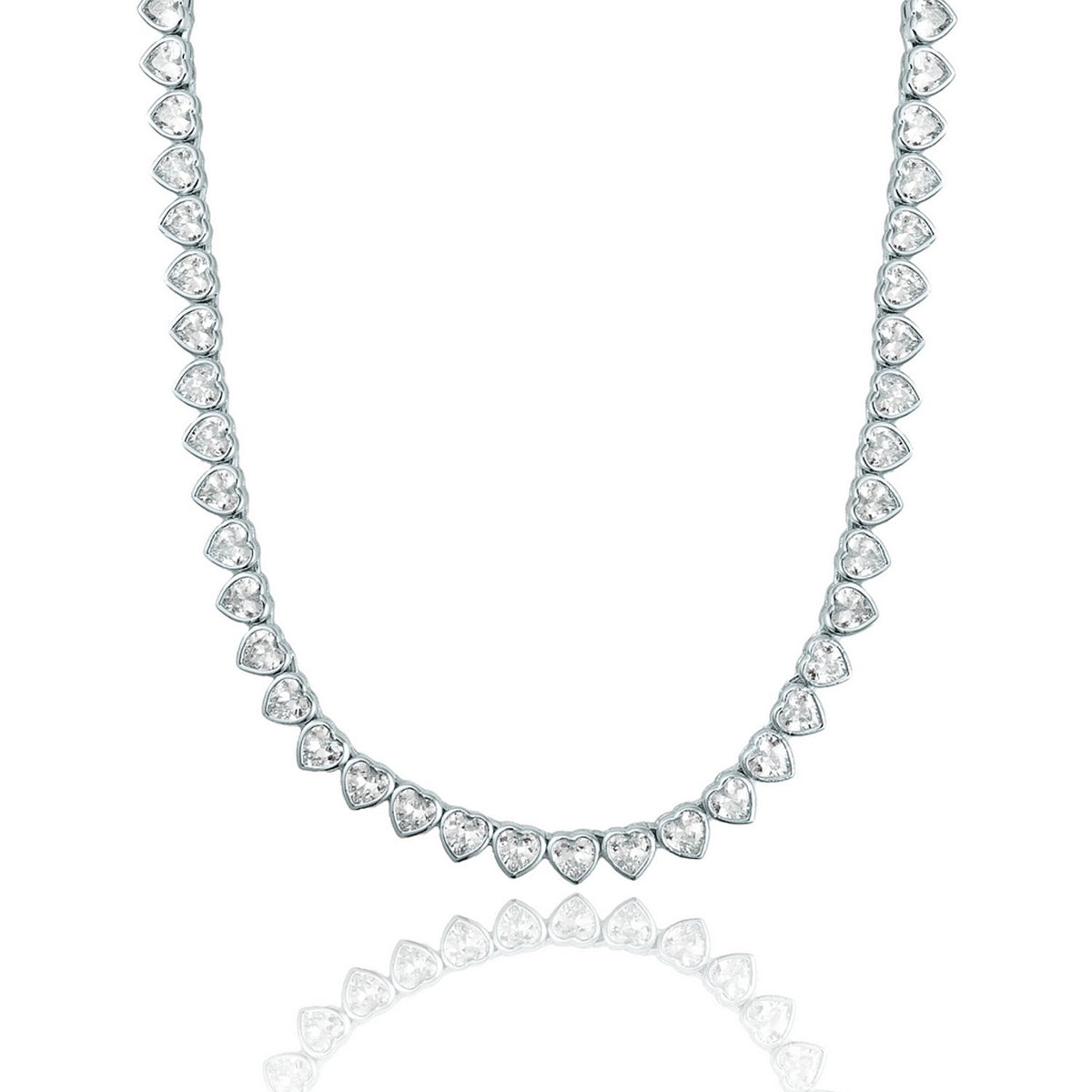 A stunning silver heart-shaped tennis necklace sparkles against a clean white background.