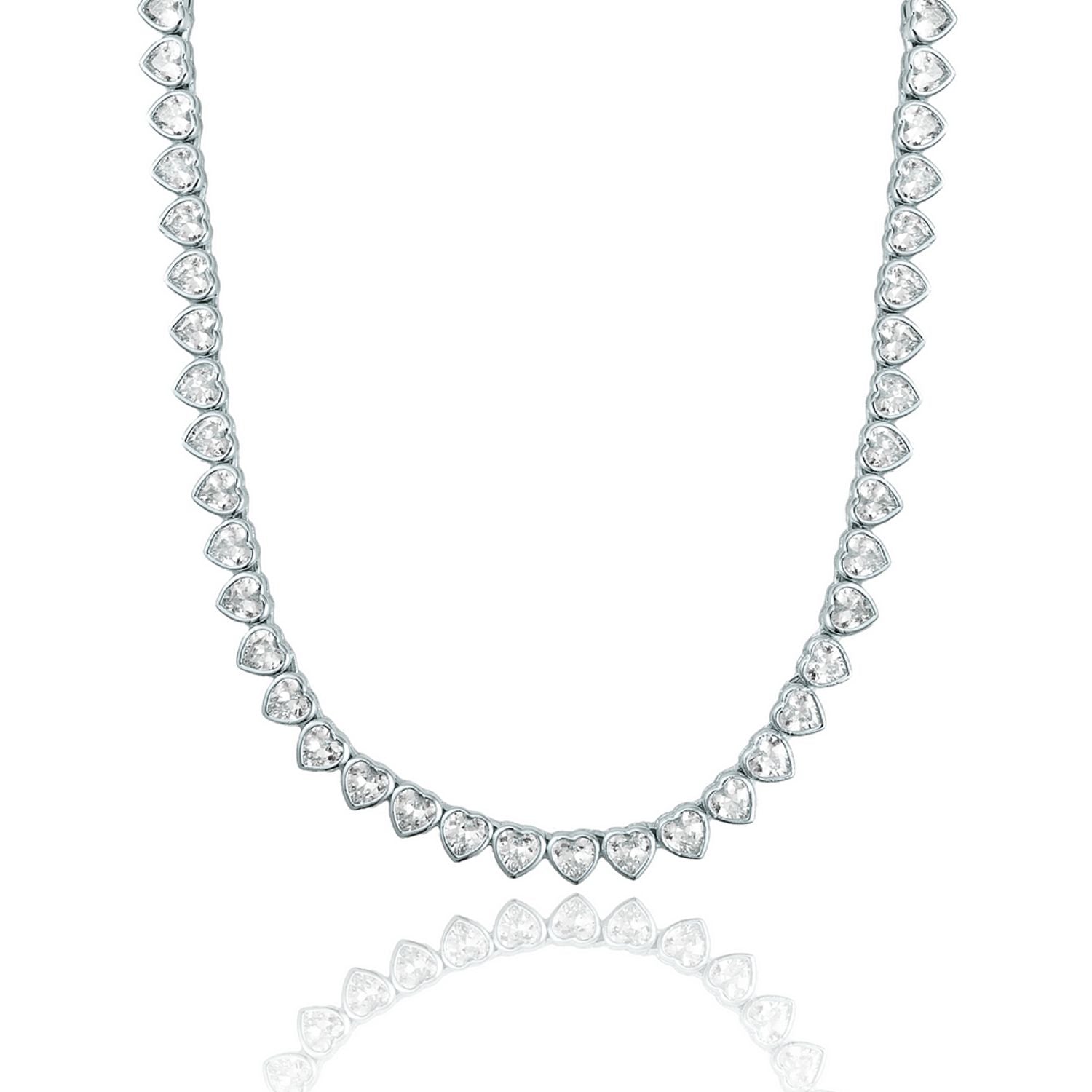 A stunning silver heart-shaped tennis necklace sparkles against a clean white background.
