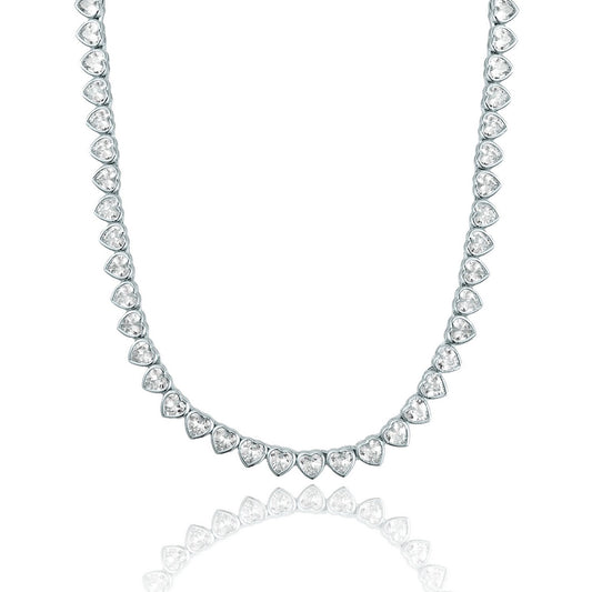 A stunning silver heart-shaped tennis necklace sparkles against a clean white background.