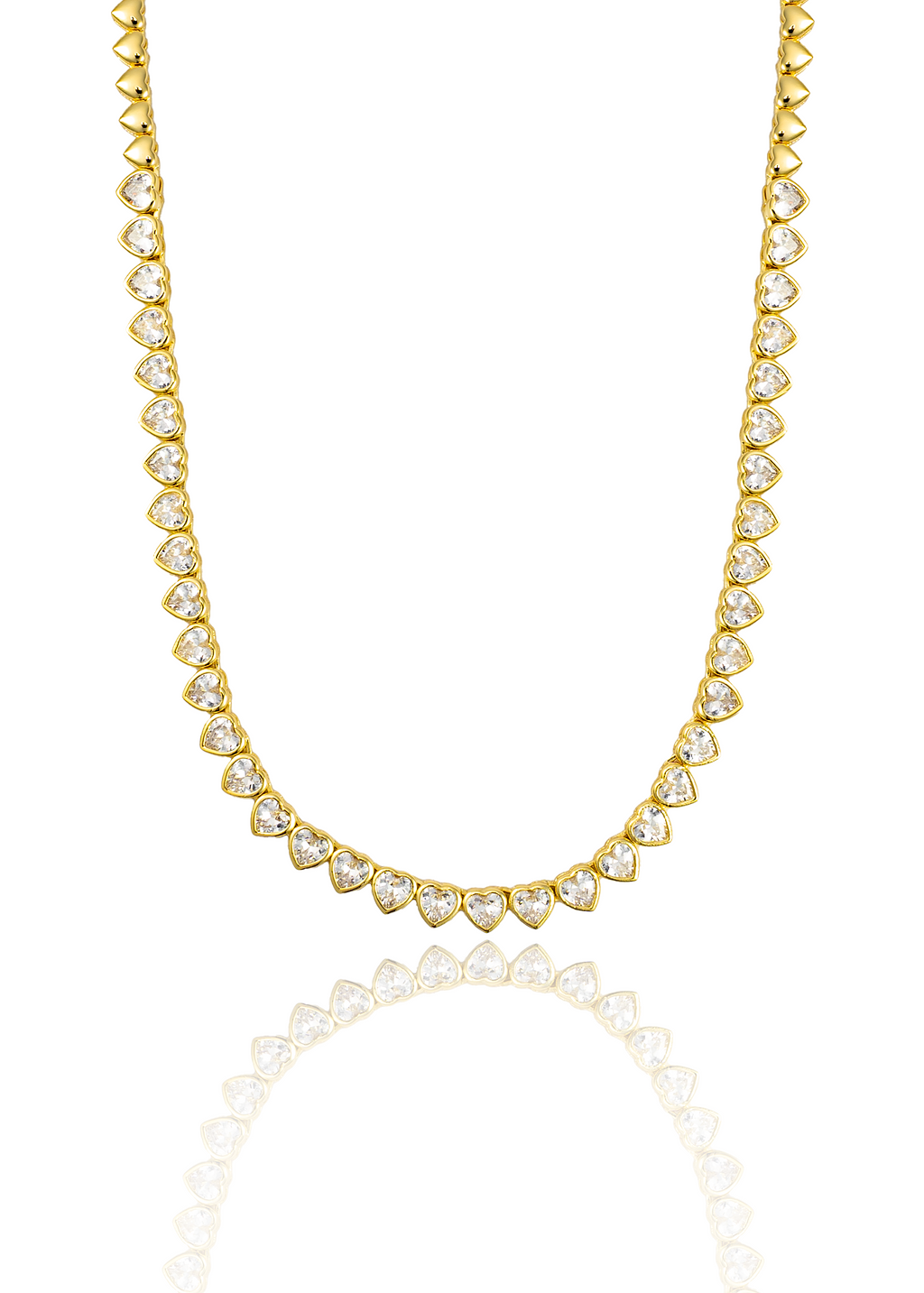 A dazzling gold heart tennis necklace sparkles with alternating heart-cut cubic zirconia stones against a clean white background.