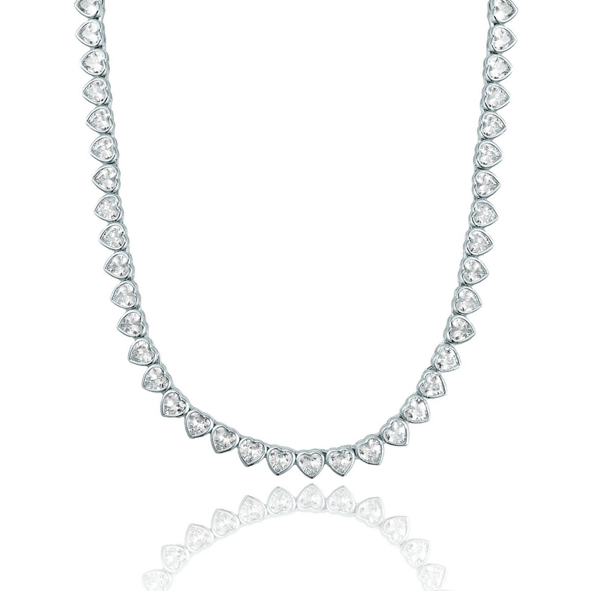 A sparkling silver tennis necklace features a continuous strand of bezel-set heart-cut cubic zirconia stones against a white background.