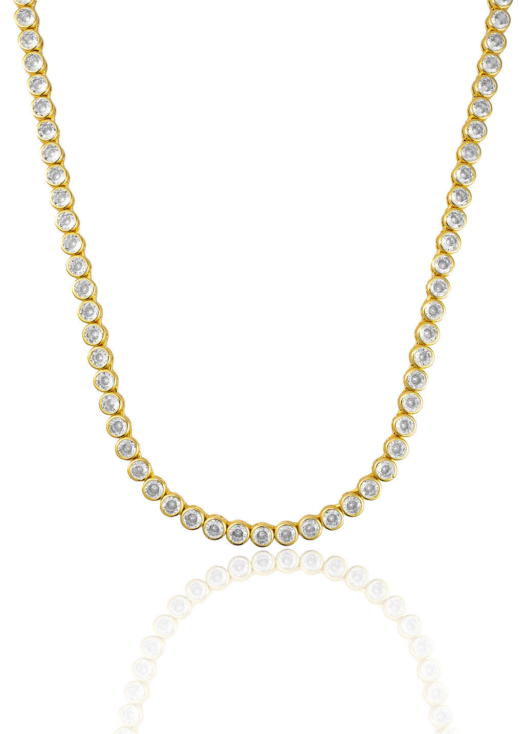 A gold bezel-set tennis necklace sparkles with round diamonds against a white background.