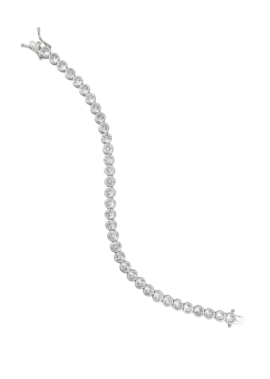 A sparkling silver bezel-set diamond tennis bracelet gracefully curves against a plain white background.