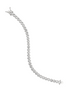 A sparkling silver tennis bracelet with bezel-set round cut stones curves gracefully against a clean white background.