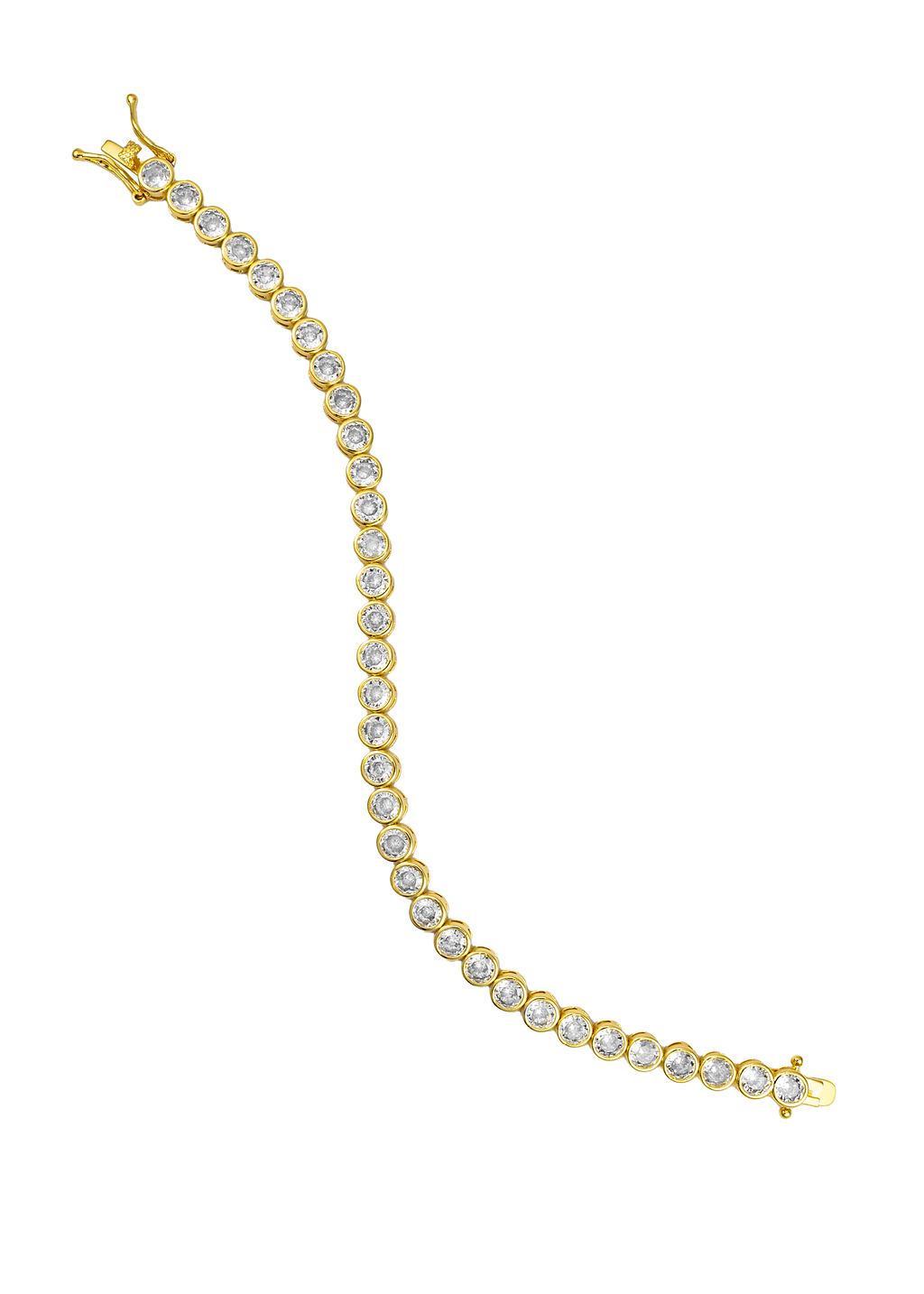A gold bezel-set tennis bracelet curves gracefully against a white background, showcasing a continuous line of sparkling round diamonds.