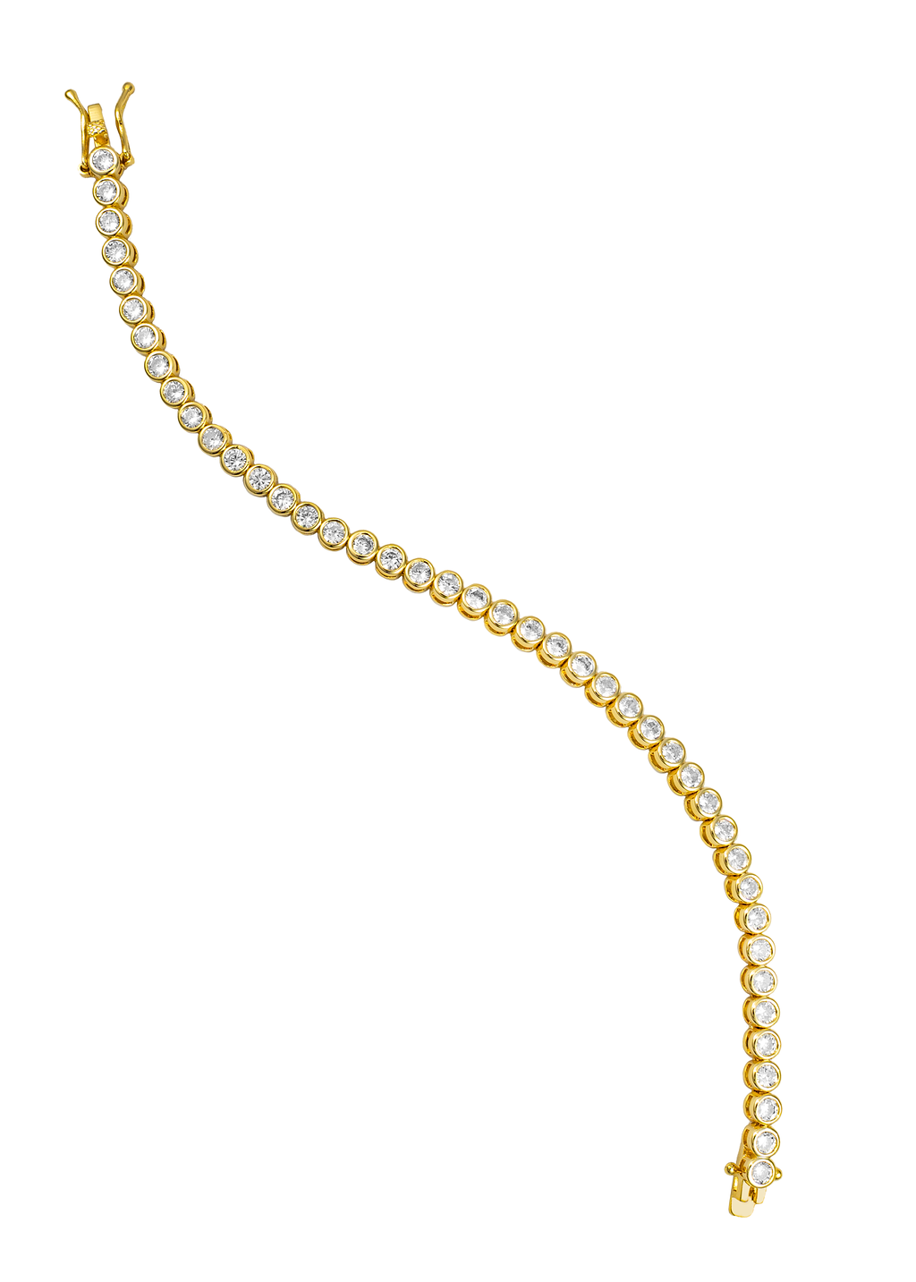 A gold tennis bracelet sparkles with bezel-set round diamonds in a gentle S-curve against a white background.