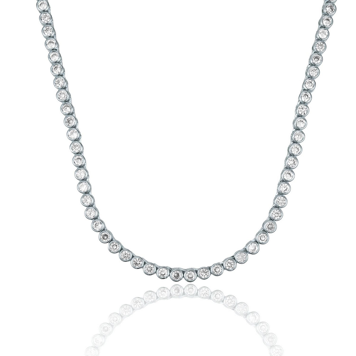 A sparkling bezel-set diamond tennis necklace curves elegantly against a clean white background.