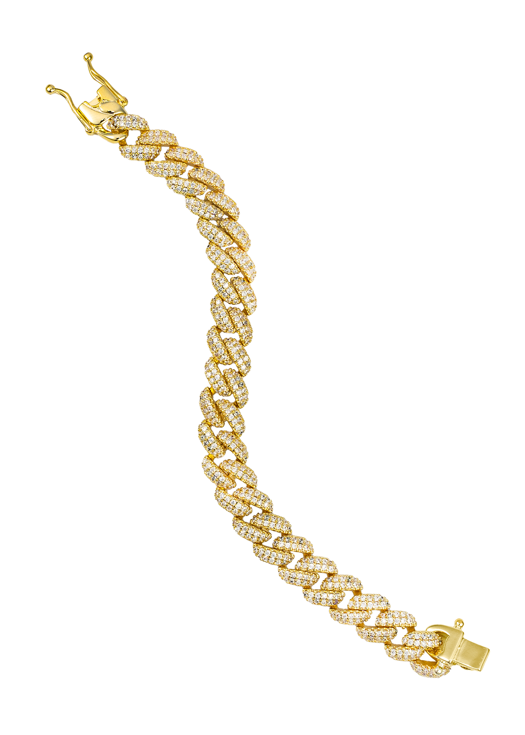 A sparkling gold Cuban link bracelet encrusted with diamonds curves gracefully against a clean white background.