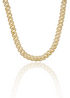 A glittering gold Miami cuban link chain encrusted with sparkling diamonds curves gracefully against a white background with a soft reflection below.