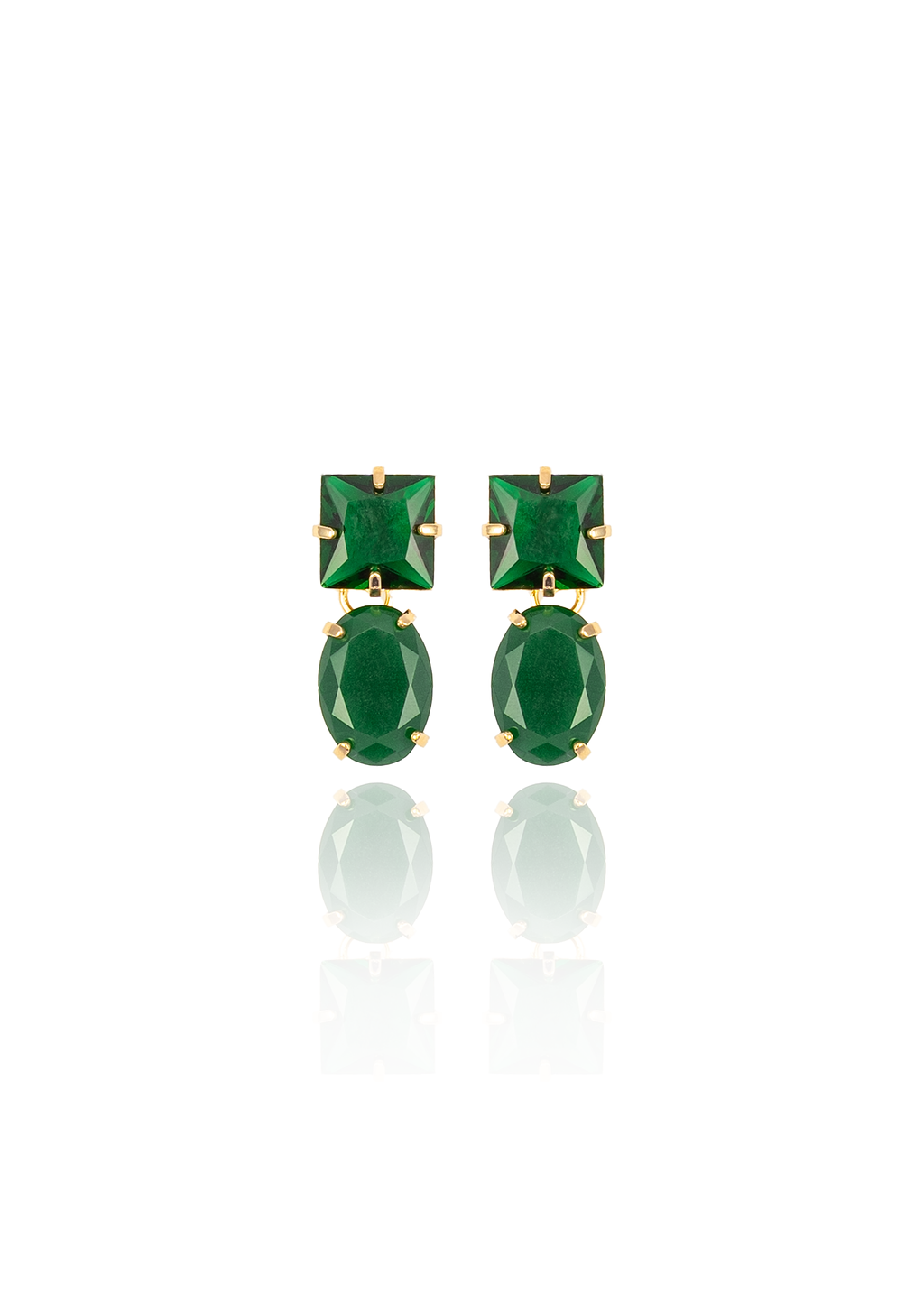 A pair of elegant green gemstone earrings featuring a square top and oval drop design set in gold, displayed against a clean white background.