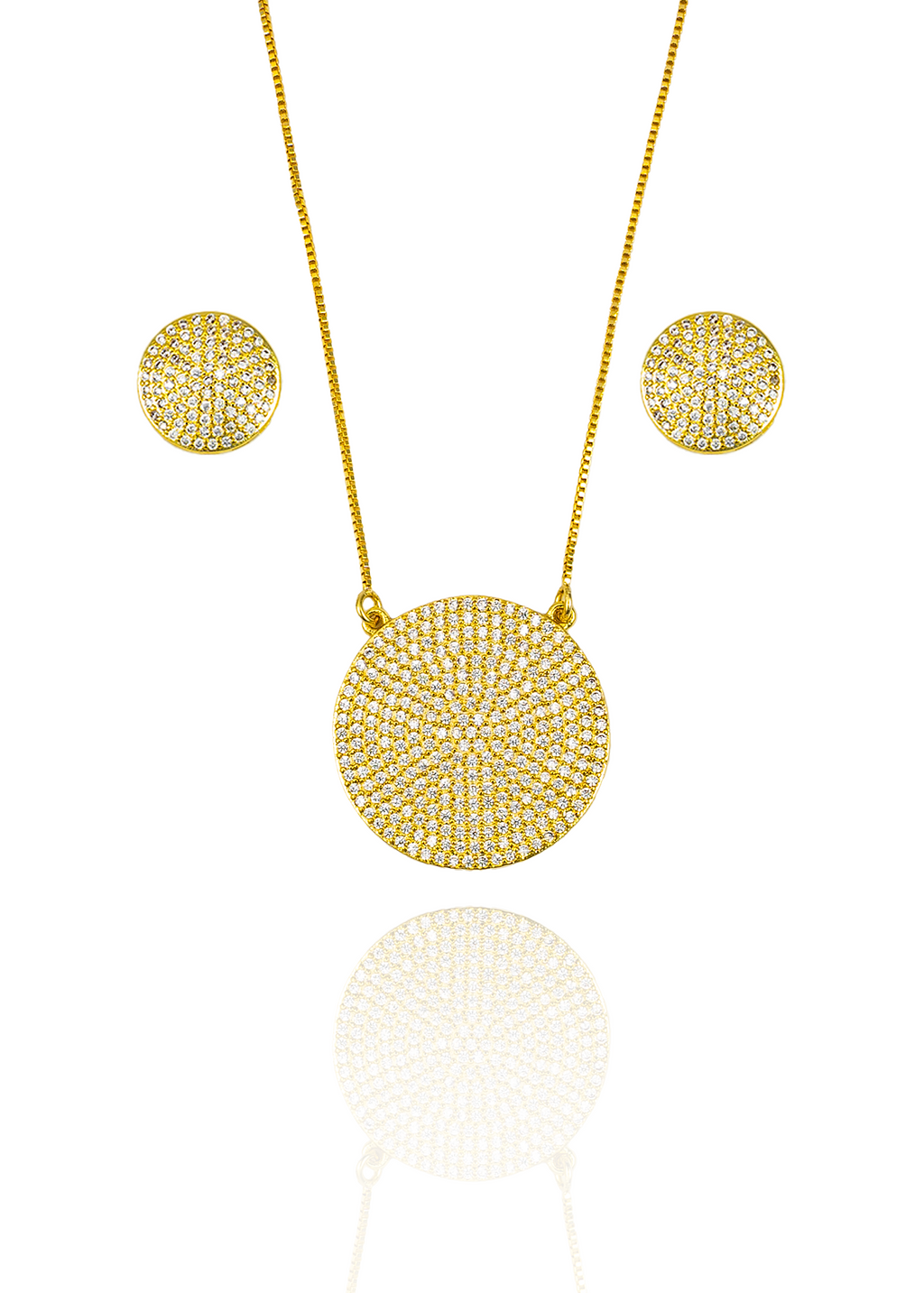 A sparkling gold jewelry set features a pavé-diamond pendant necklace and matching round stud earrings against a clean white background.