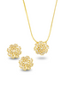 A gold jewelry set features a delicate box chain necklace and matching stud earrings, each adorned with radiant baguette-cut white crystals arranged in a starburst pattern around a central diamond.