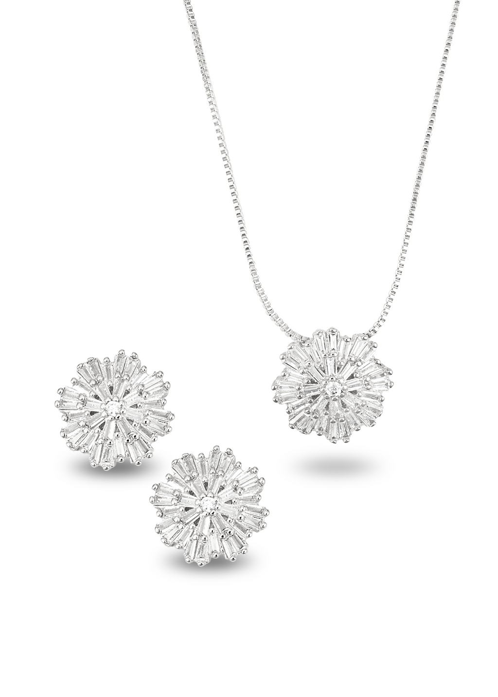 A matching silver diamond jewelry set displays a delicate pendant necklace and a pair of sparkling floral stud earrings.