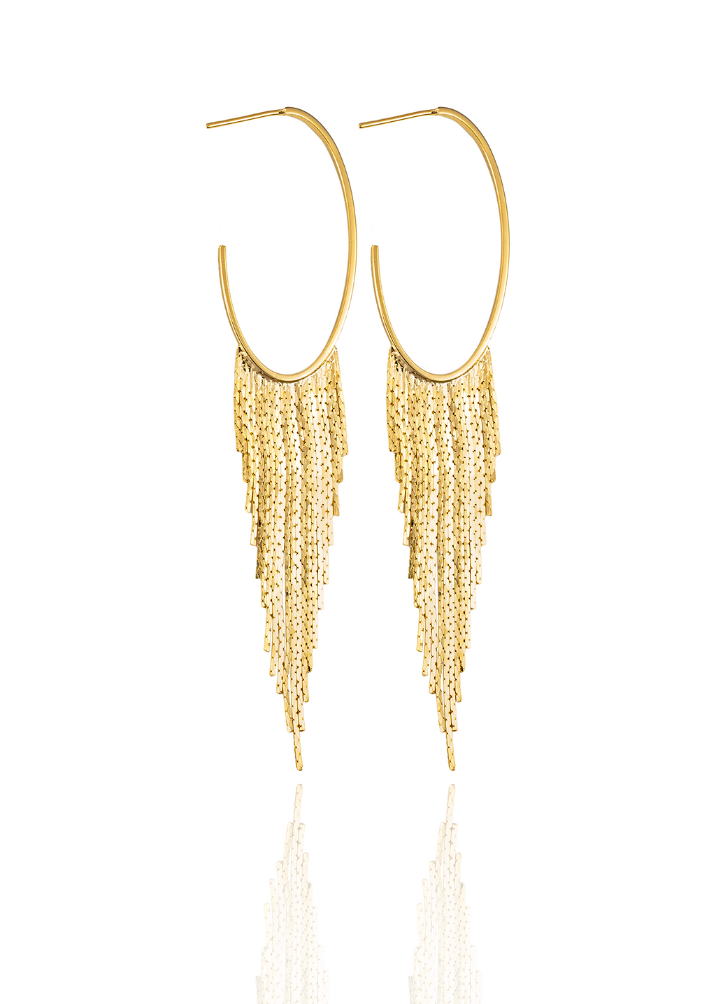 A pair of elegant gold hoop earrings with cascading fringe chains sparkles against a clean white background.