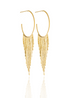 A pair of elegant gold hoop earrings with cascading fringe chains sparkles against a clean white background.