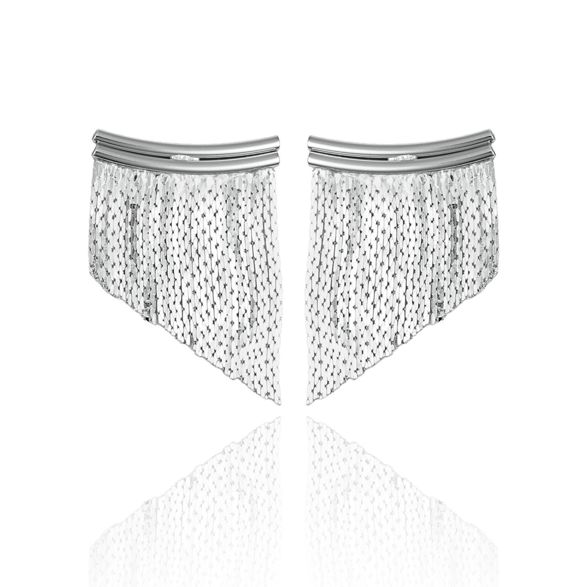 A pair of elegant sterling silver fringe earrings dangles against a clean white background.