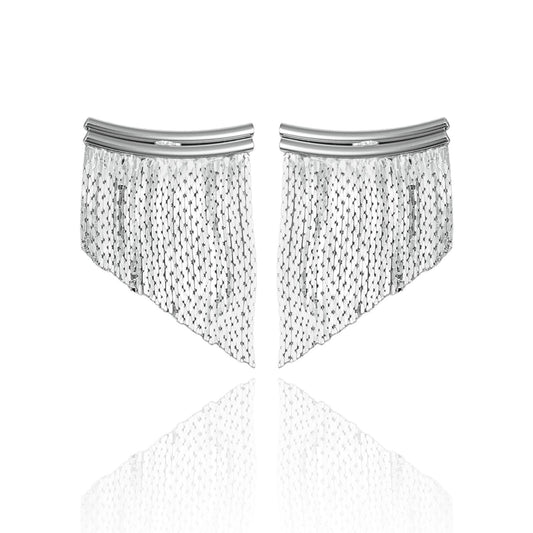 A pair of elegant sterling silver fringe earrings dangles against a clean white background.