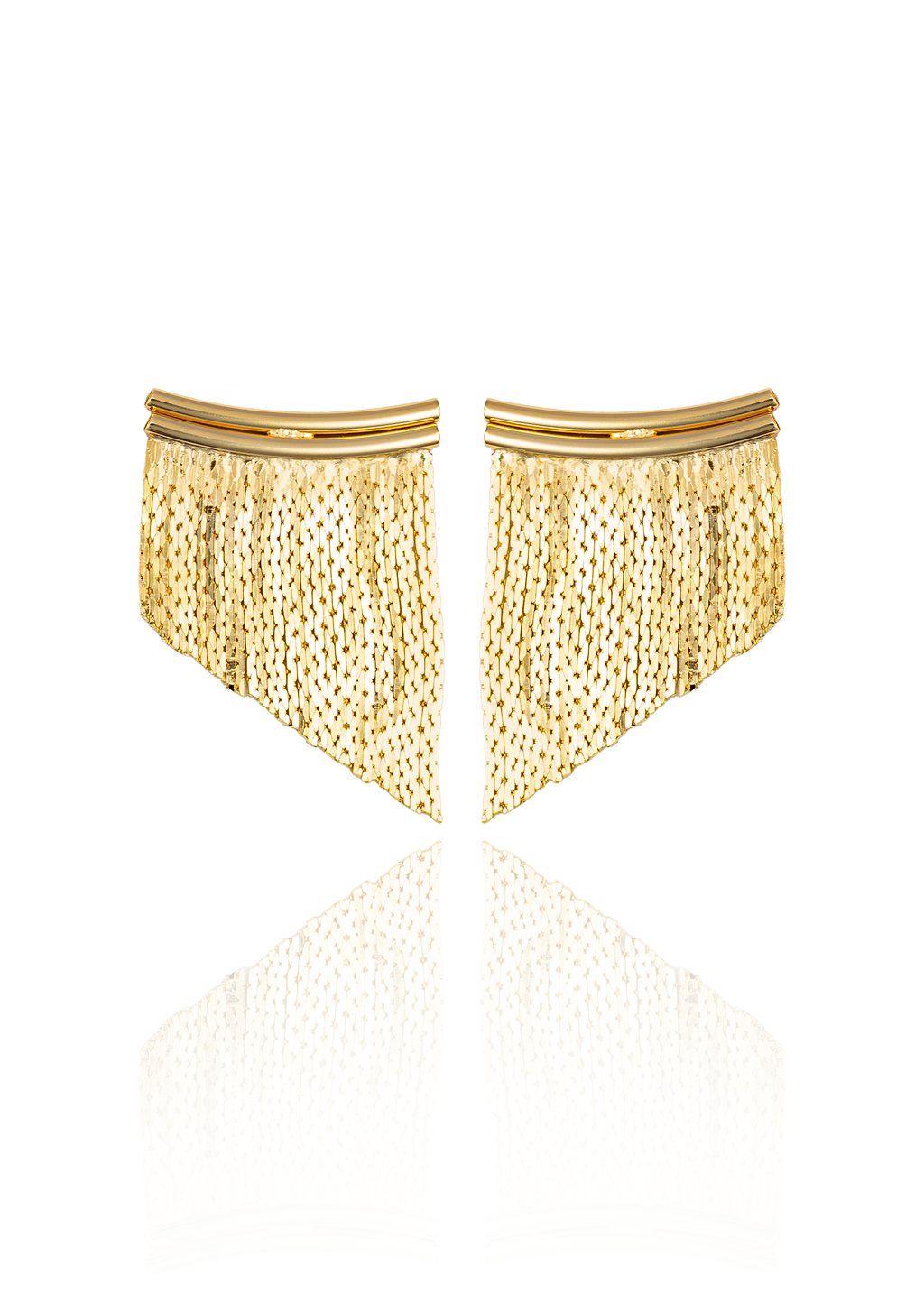 A pair of gold tassel earrings with curved bar tops display cascading chains against a white background.
