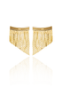 A pair of gold tassel earrings with curved bar tops display cascading chains against a white background.