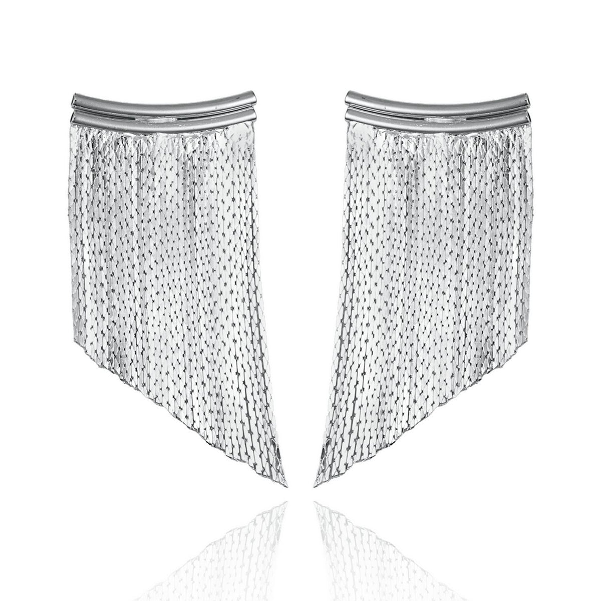 A pair of silver fringe earrings features a textured mesh design hanging from a curved bar against a white background.