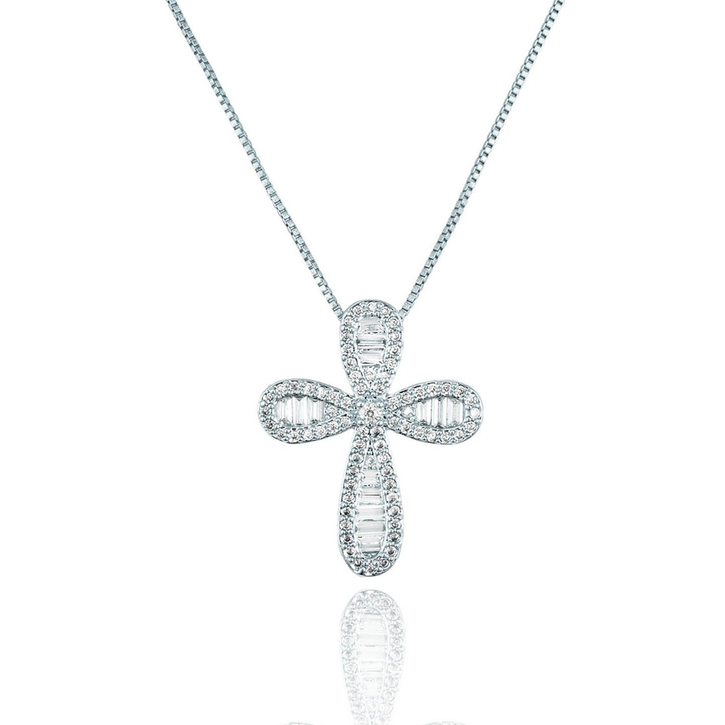 A sparkling diamond cross pendant hangs gracefully from a delicate white gold chain.