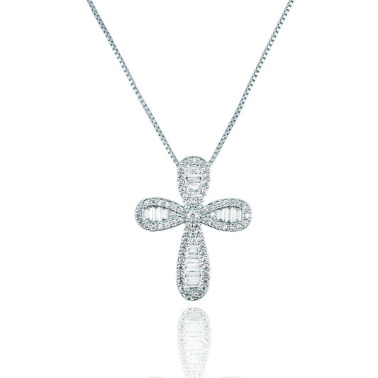 A sparkling diamond cross pendant hangs gracefully from a delicate white gold chain.