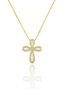 A sparkling diamond-encrusted gold cross pendant hangs from a delicate box chain against a white background.