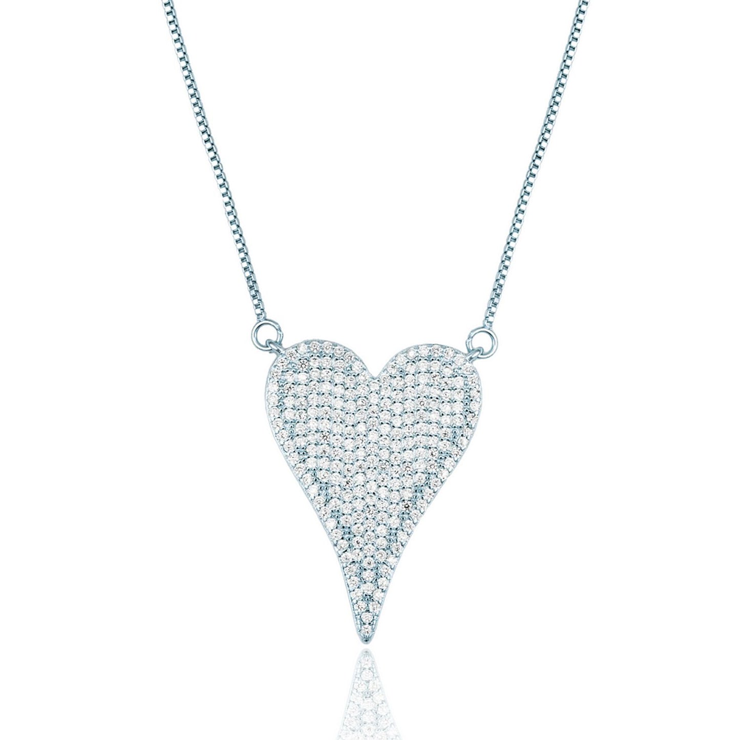 A sparkling pave-set diamond heart pendant hangs gracefully from a delicate silver chain.