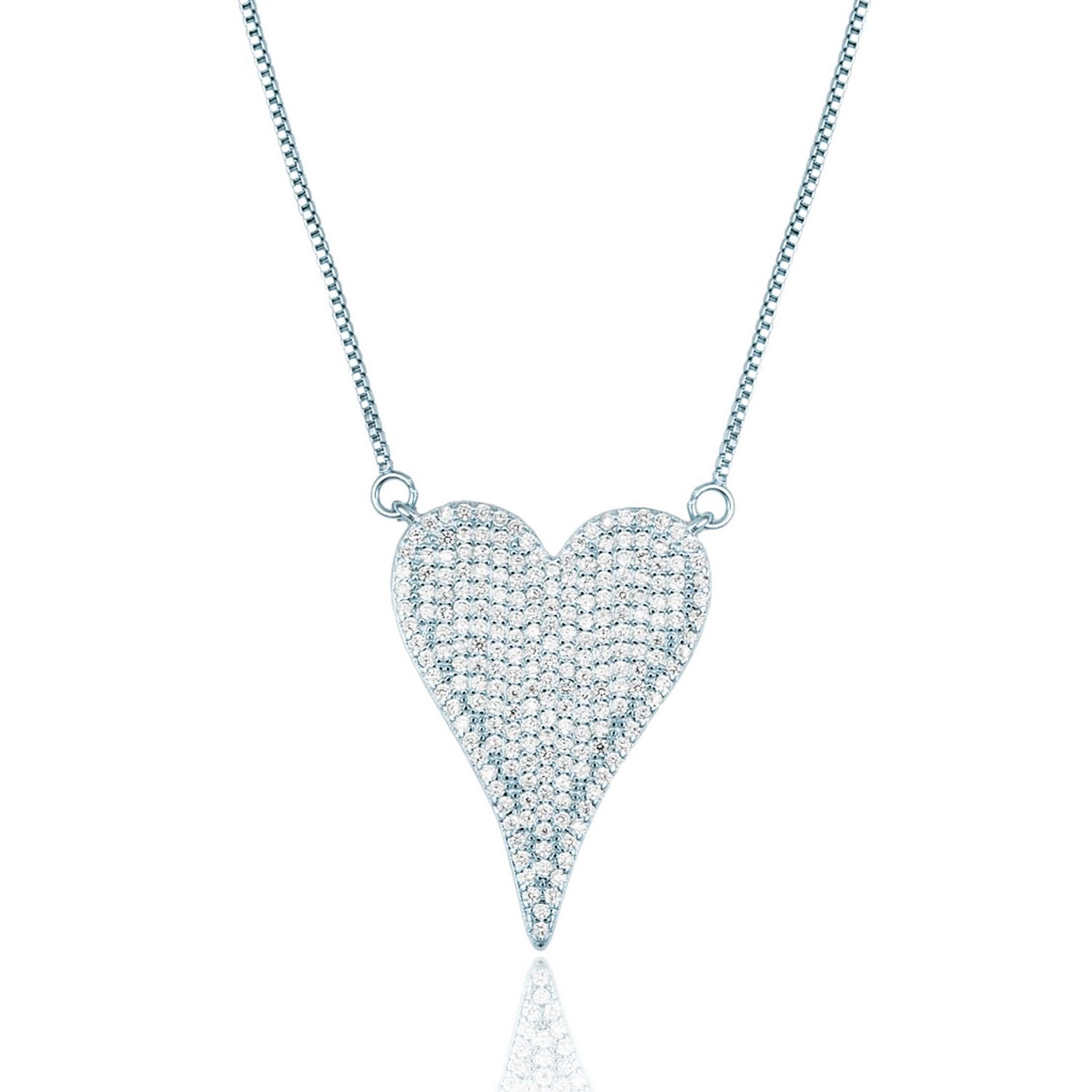 A sparkling pave-set diamond heart pendant hangs gracefully from a delicate silver chain.