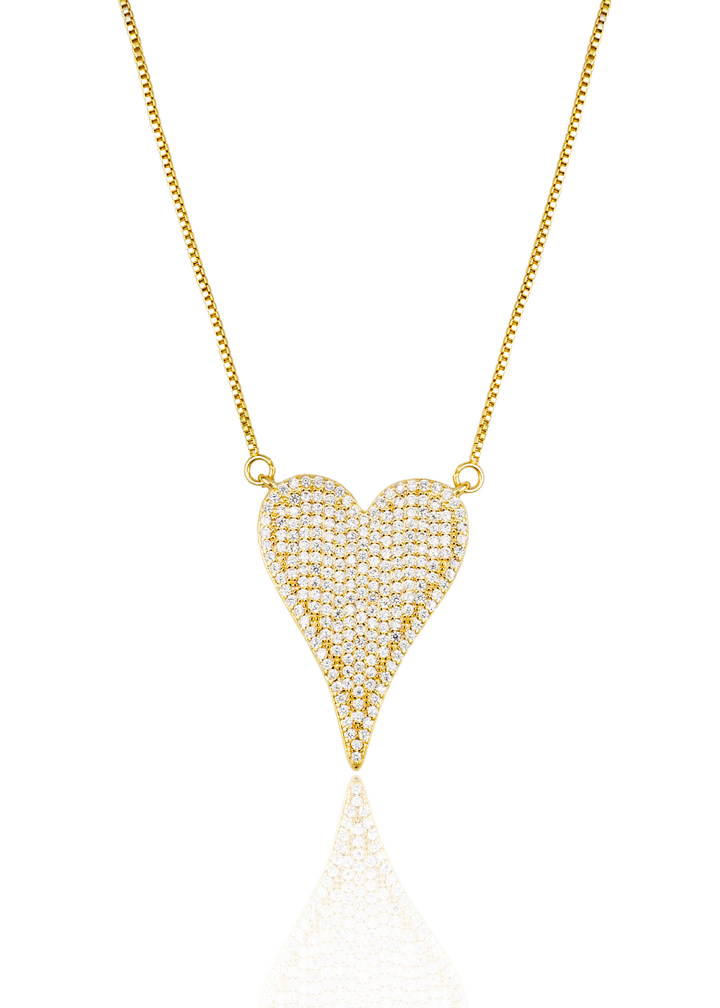 A delicate gold heart necklace paved with sparkling cubic zirconia stones hangs against a clean white background.