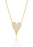 A delicate gold heart necklace paved with sparkling cubic zirconia stones hangs against a clean white background.