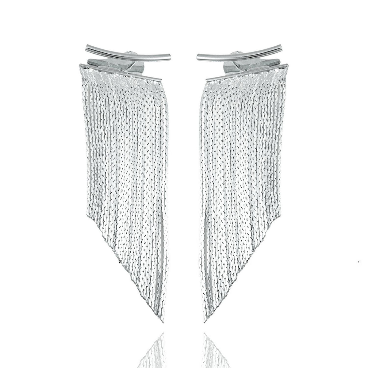 A pair of gleaming silver fringe tassel earrings hang against a clean white background.